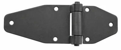 Black steel truck body hinge with six mounting holes